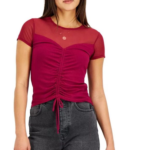 CRAVE FAME Juniors' Red Mesh Illusion Ruched Top - XL - Picture 11 of 11